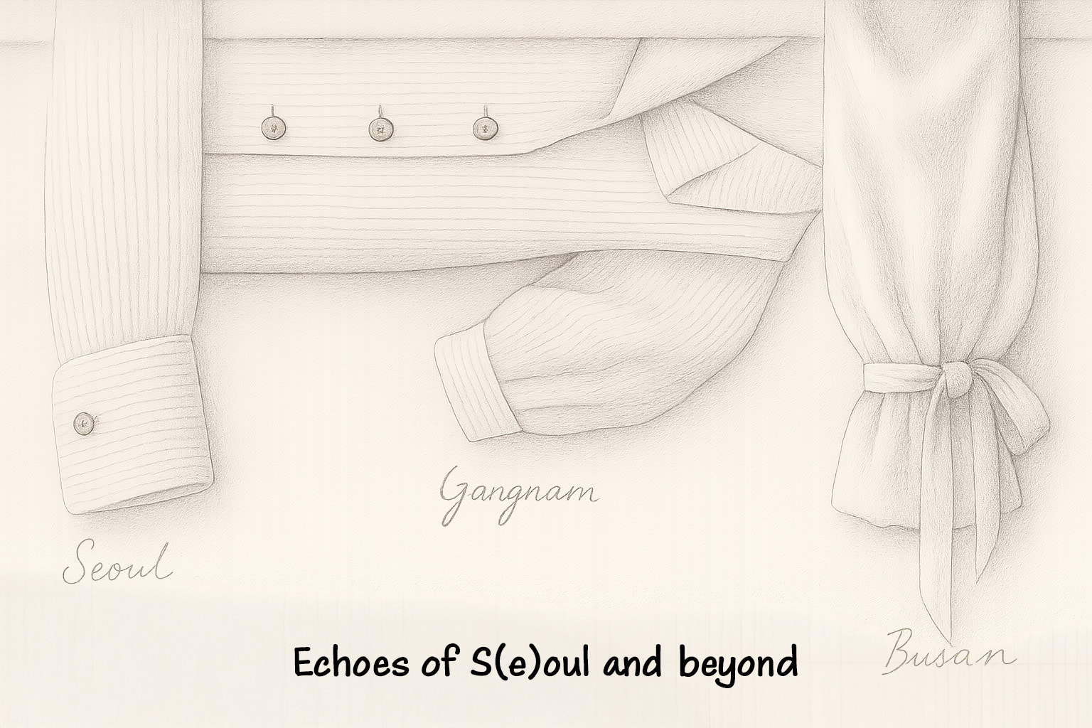 Esquisse artistique des trois modèles phares Séoul, Gangnam et Busan avec le titre 'Echoes of S(e)oul and beyond'