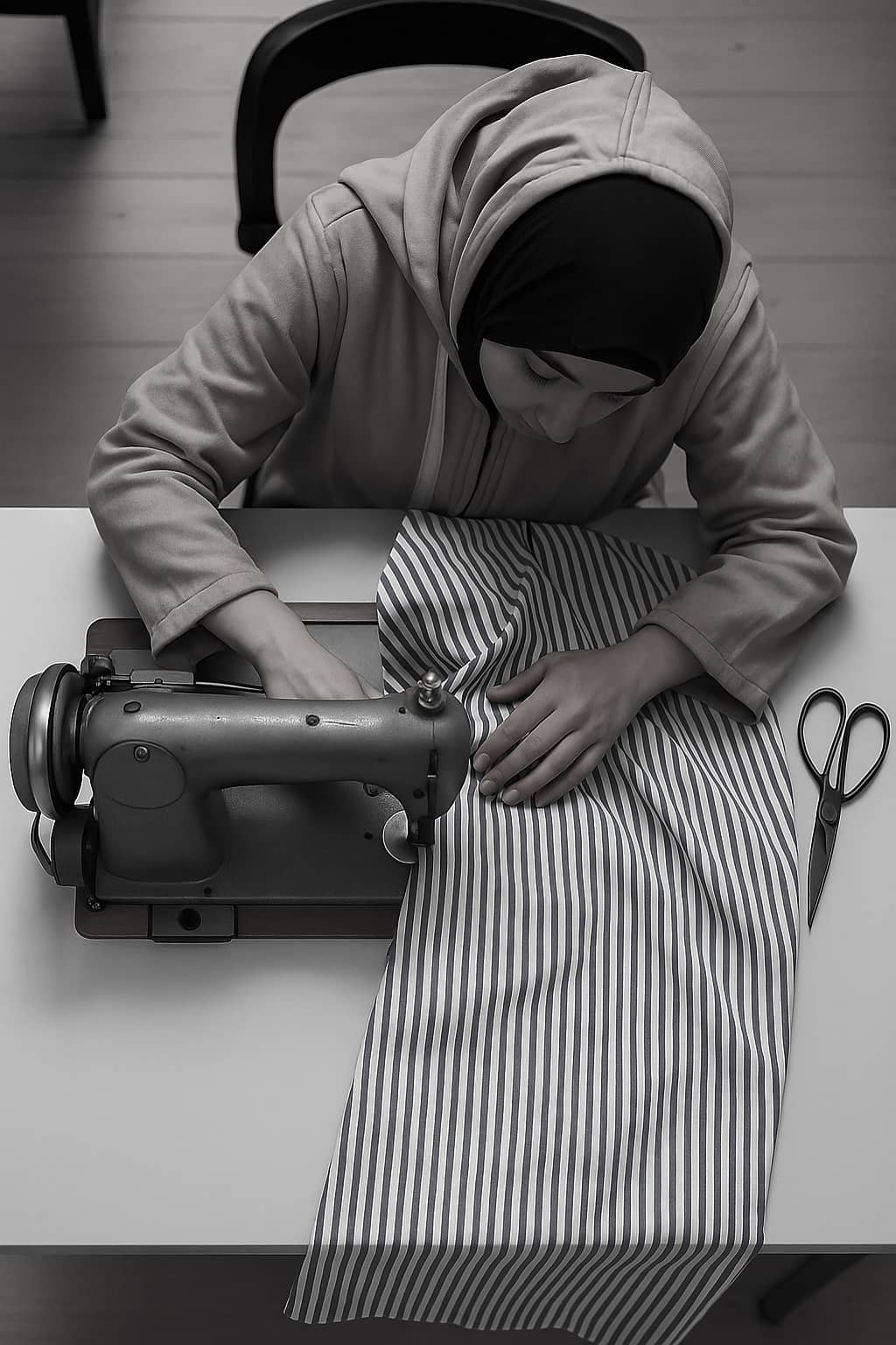 Artisan couturier travaillant sur une machine à coudre avec un tissu rayé, illustrant le savoir-faire artisanal