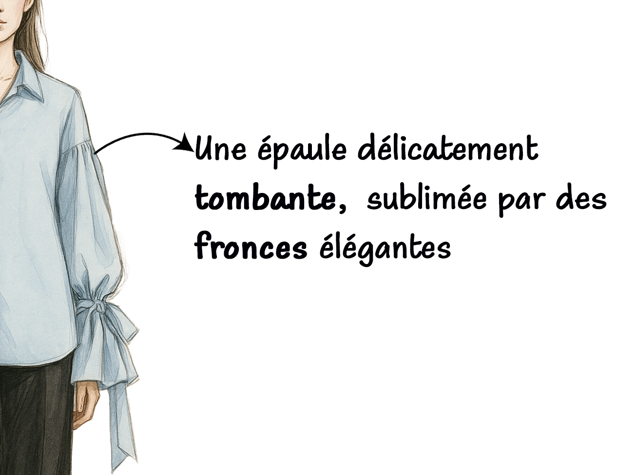 Fashion illustration showing the Busan shirt's distinctive gently dropped shoulder line enhanced with elegant gathered fabric details