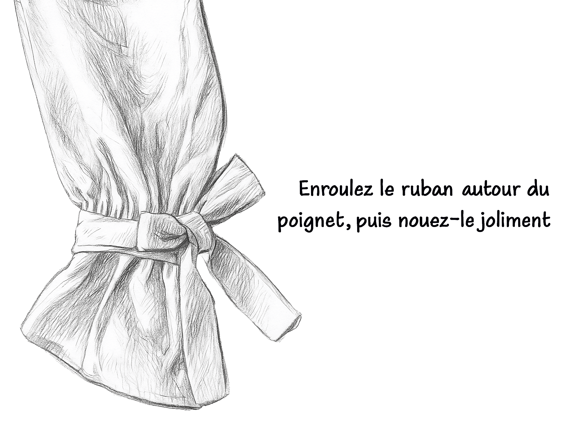 Step 1: Wrap ribbon around wrist and tie neatly - tutorial illustration for ribbon bow styling