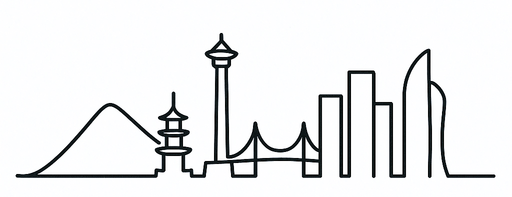Minimalist line drawing silhouette of Busan skyline featuring mountains, traditional pagoda towers, suspension bridge, and modern skyscrapers