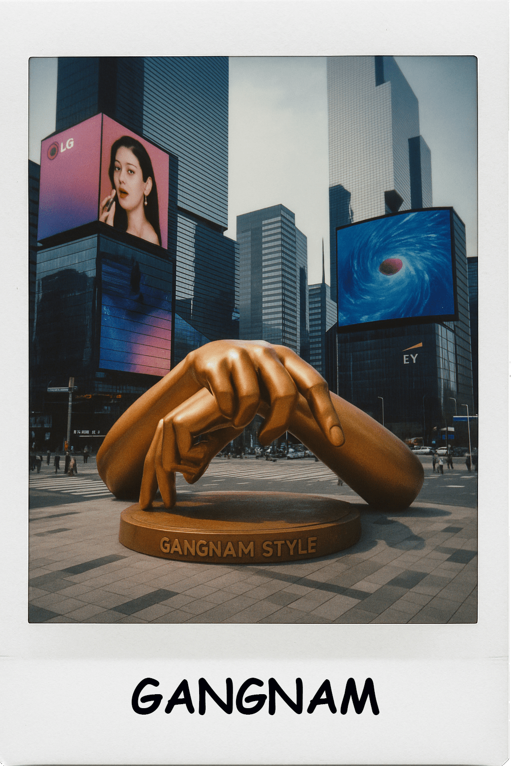 Polaroid photograph of Gangnam district featuring the iconic golden horse sculpture surrounded by modern skyscrapers and digital billboards
