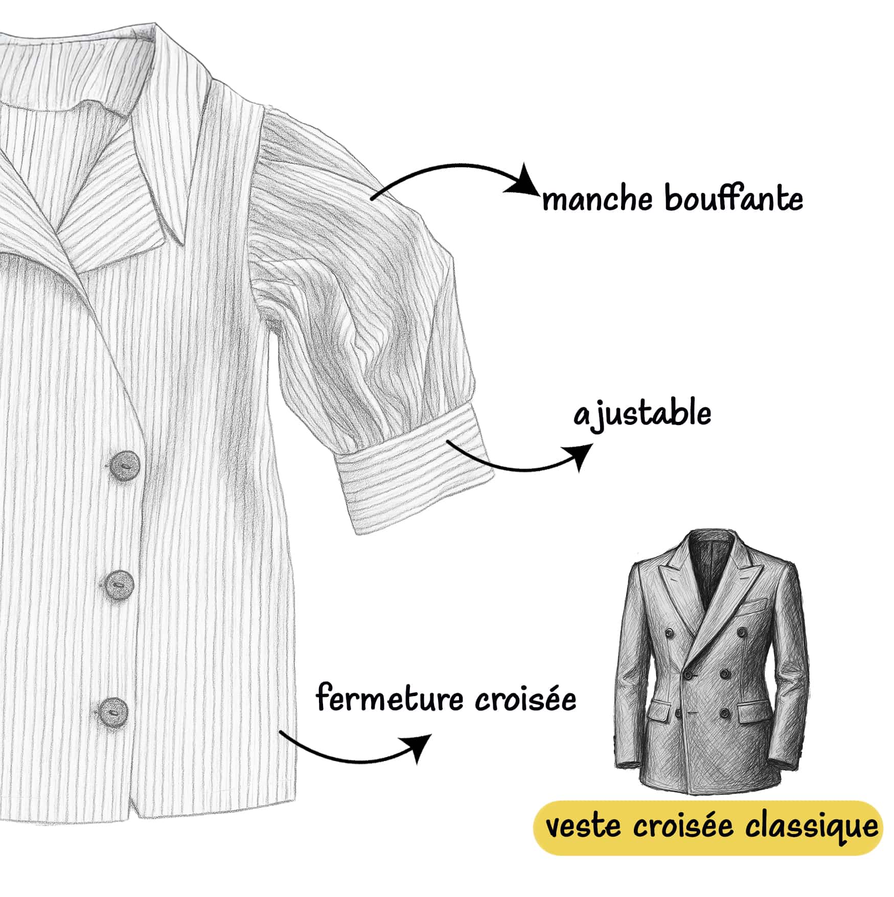 Technical fashion illustration highlighting Gangnam shirt features: puffy sleeves for strength and character, adjustable cuffs, crossover closure inspired by luxury jackets