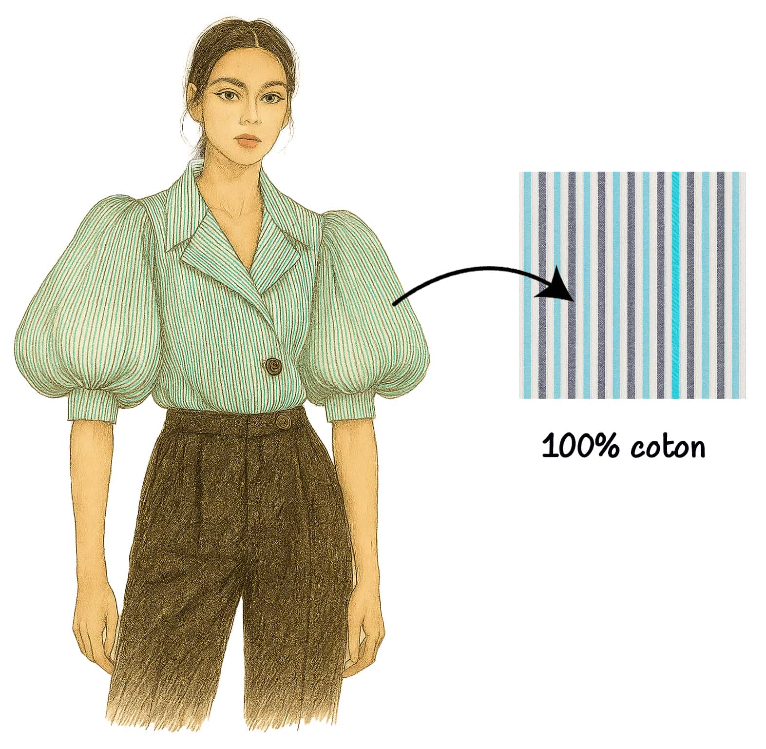 Fashion illustration of model wearing Gangnam shirt showcasing 100% cotton fabric quality, striped pattern, and bold sophisticated silhouette with puffy sleeves