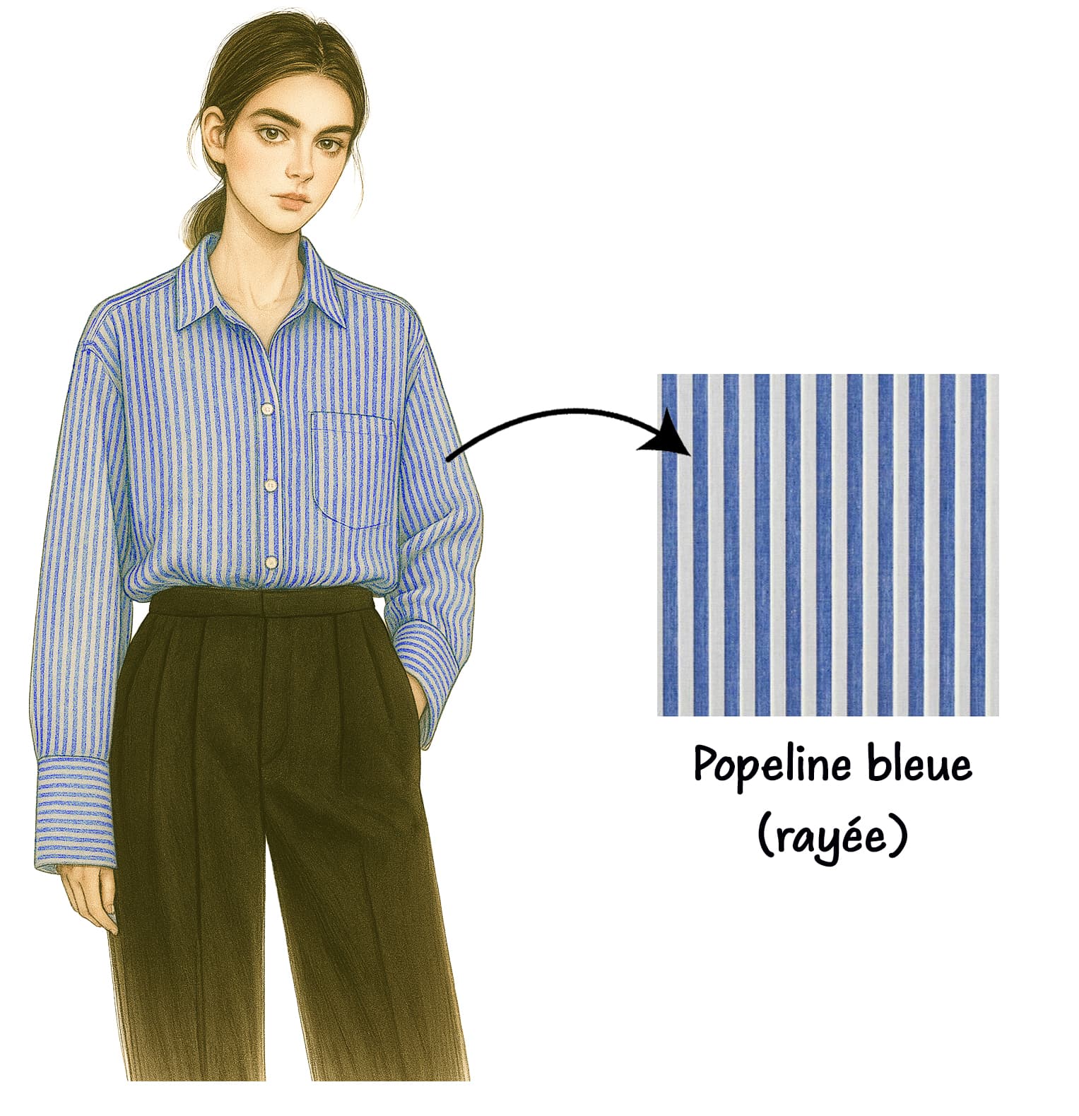 Fashion illustration of model wearing blue striped Seoul shirt made from Turkish poplin fabric, showcasing the classic-modern aesthetic balance